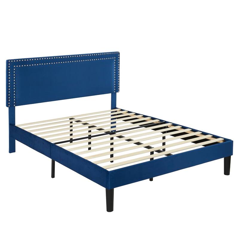 Upholstered Platform Bed Frame with Adjustable Headboard, Velvet Nailhead Trim, No Box Spring Needed