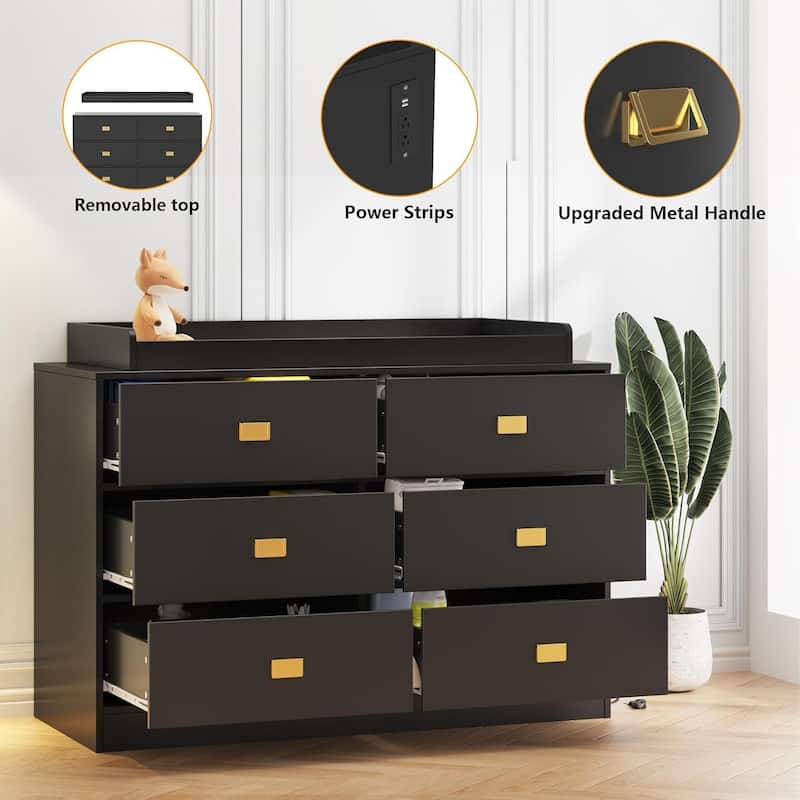 Dresser for Bedroom with 6 Drawers, Wide Chest of Drawers with Changing Table Top