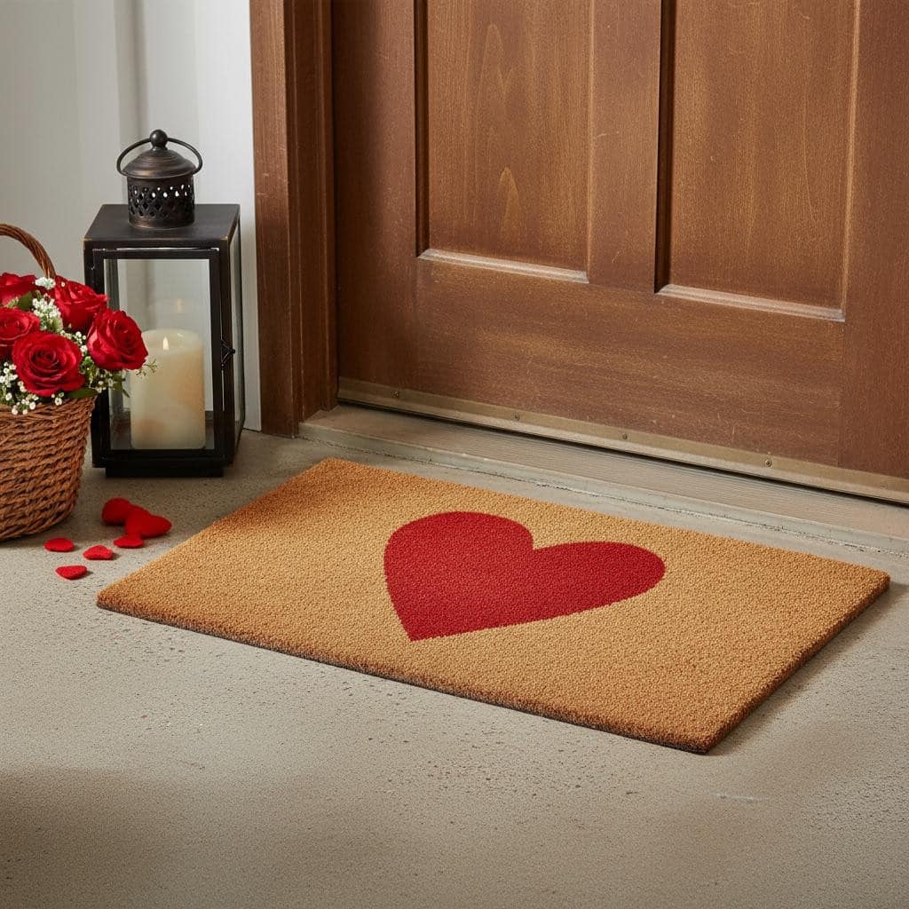 HomeRoots 24" X 36" Brown And Red Heart Outdoor Coir Door Mat - 24.00' X '36.00