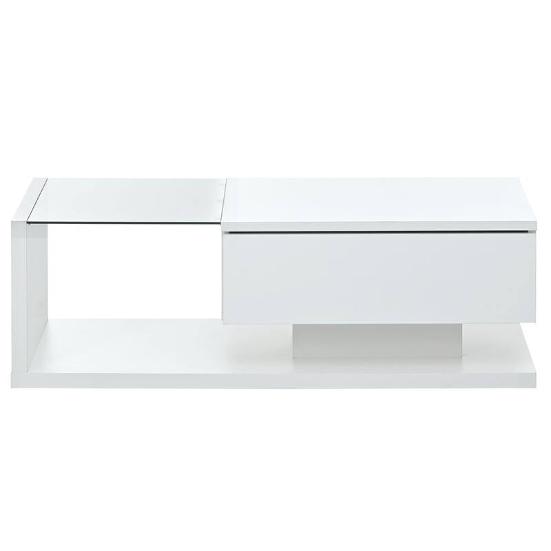 Contemporary Coffee Table with Tempered Glass & Wooden Base, 2-Tier Design, High Gloss UV Surface for Living Room, Black