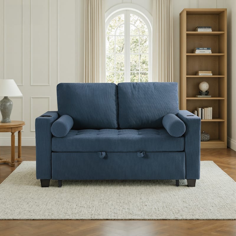 Corduroy Convertible Loveseat Sofa Bed Recliner with Cup Holder, USB Ports