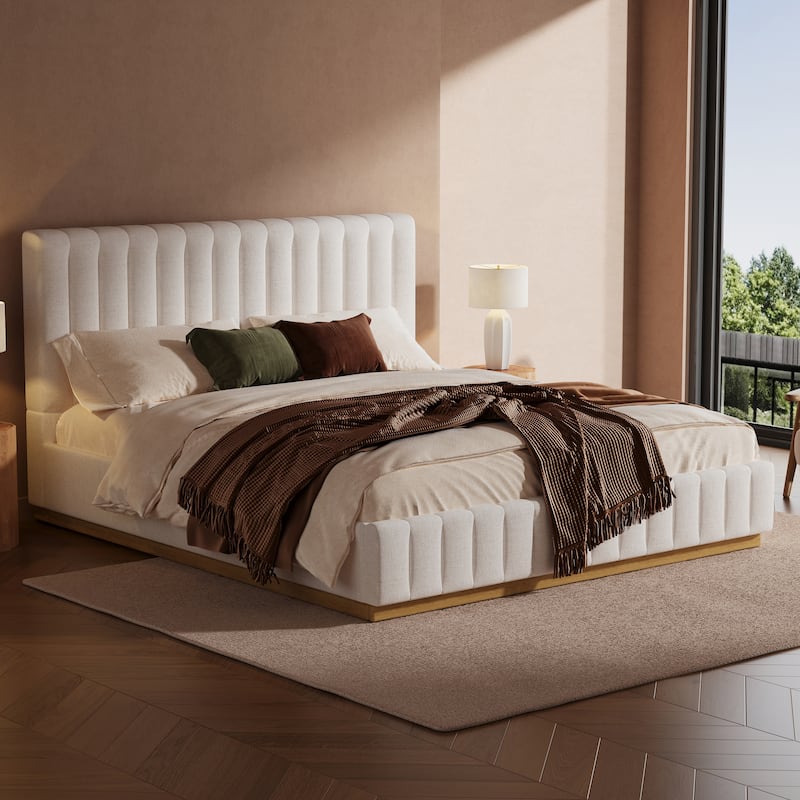 Christopher Knight Home - Harper Modern Linen Upholstered King Bed Frame with Thick Headboard and Solid Wood Base - Beige - King