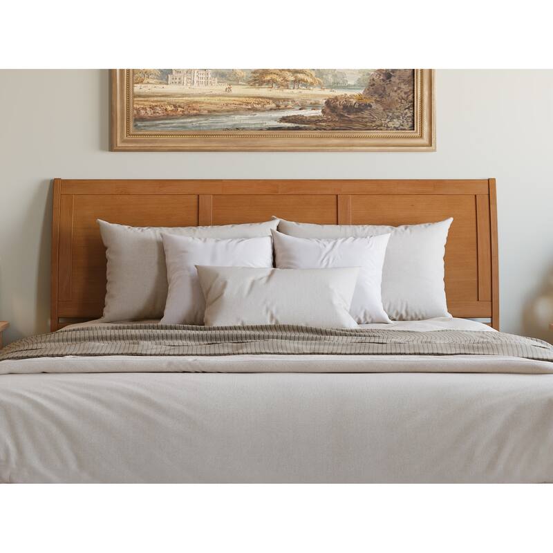 King Bed Frame with Charging Station - Solid Wood Sleigh Headboard, Light Toffee Finish