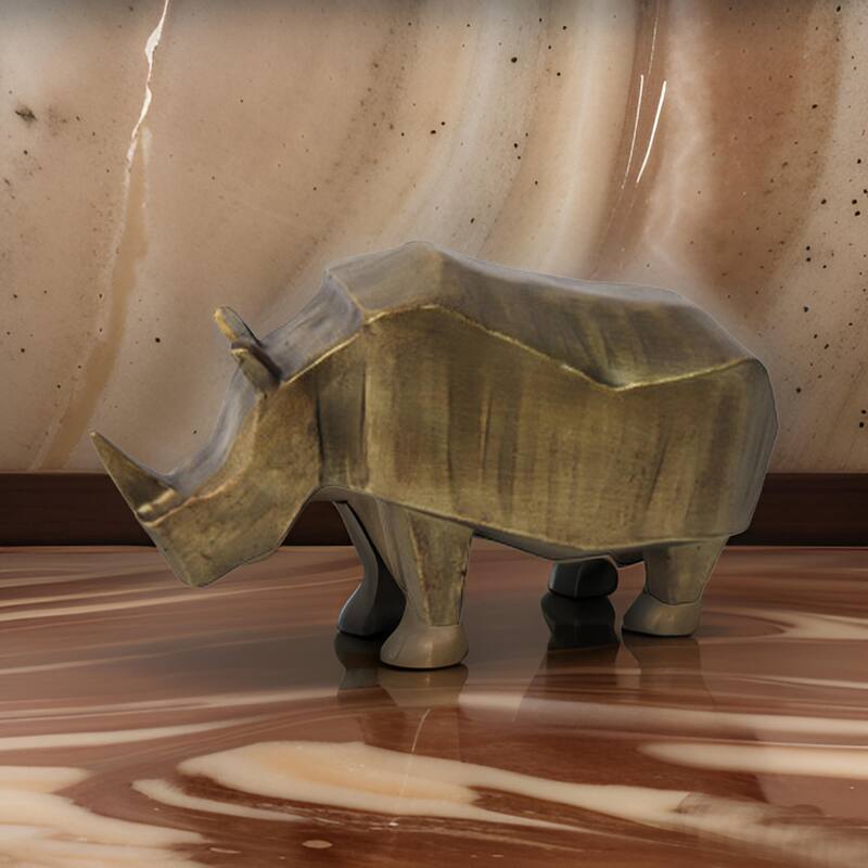 Geny Modern Rhino Sculpture, Tabletop Home Decor, Antique Gold Finish