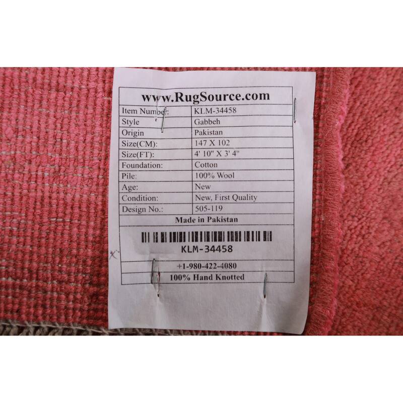 Modern Pink Gabbeh Oriental Rug Hand-Knotted Wool Carpet - 3'4" x 4'10"