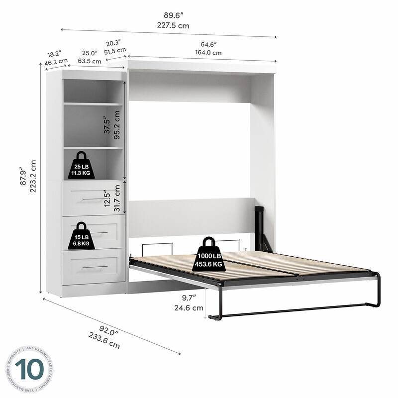 Bestar Pur Queen Murphy Bed with Shelving Unit and Drawers (90W)