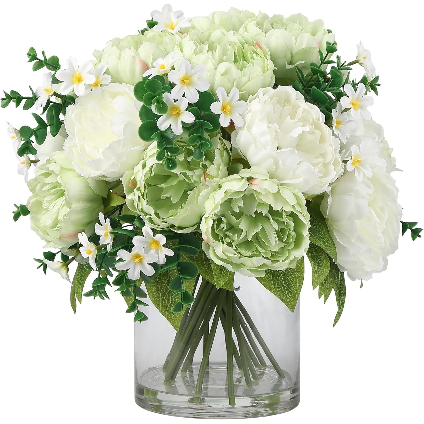 17 Piece Silk Peony Bouquet in Glass Vase with Faux Water Real Touch Flowers for Home Decor