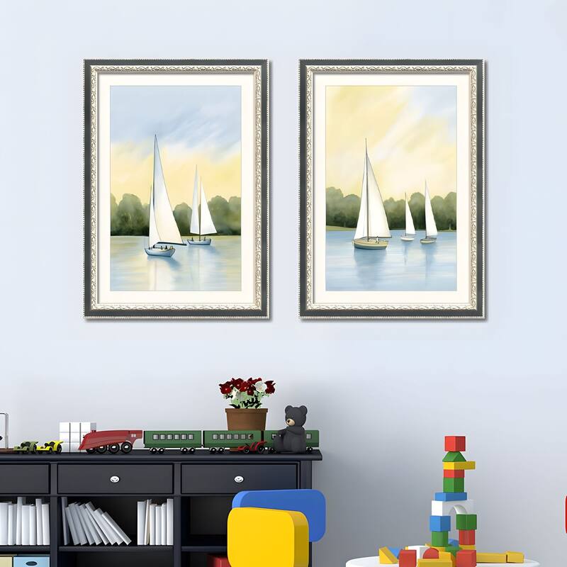 Set of 2 Sailboat Framed Wall Art - Replaceable Canvas Prints with Solid Wood Picture Frames, Nautical Wall Decor - Green,Pink - Black/Ivory