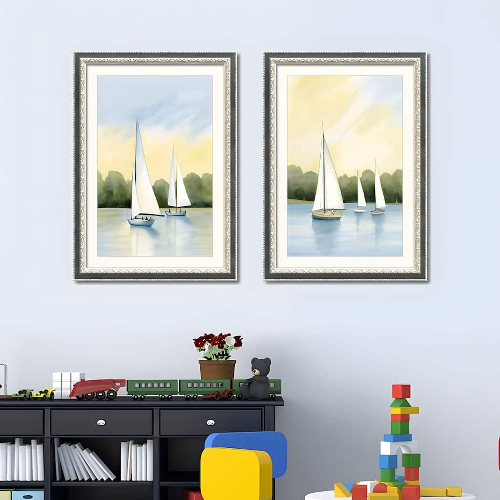 Set of 2 Sailboat Framed Wall Art - Replaceable Canvas Prints with Solid Wood Picture Frames, Nautical Wall Decor - Green,Pink