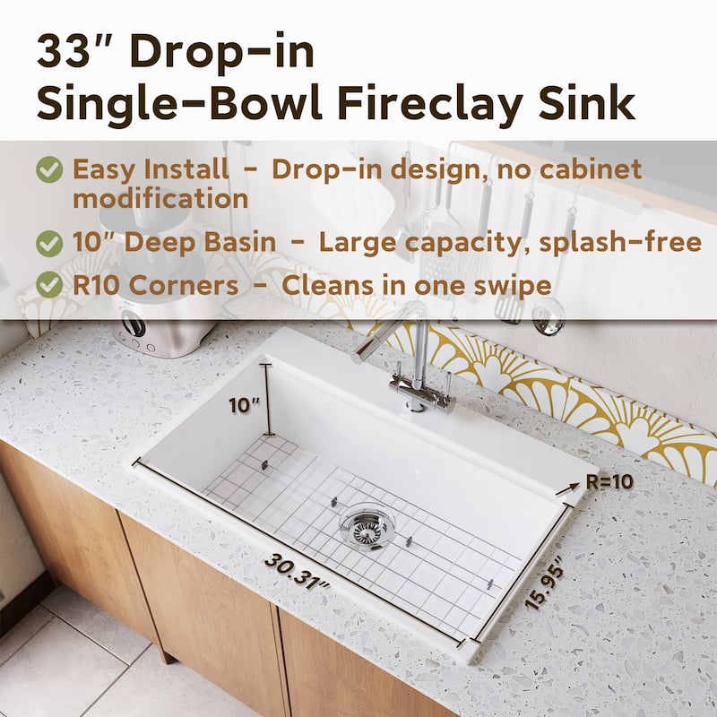33 in. Drop-In Single Bowl Fireclay Workstation Kitchen Sink with Drying Rack & Cutting Board - Includes Accessories