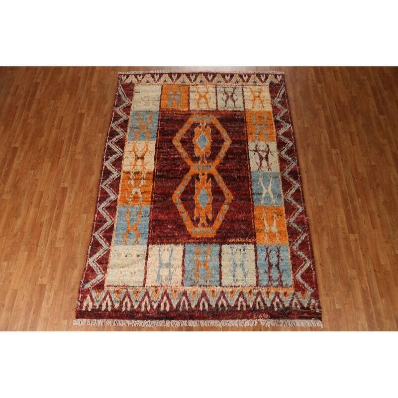 Hand Knotted Oriental 100% Wool Carpet Modern Tribal Red Moroccan Area Rug - 9' 9'' X 7' 0''