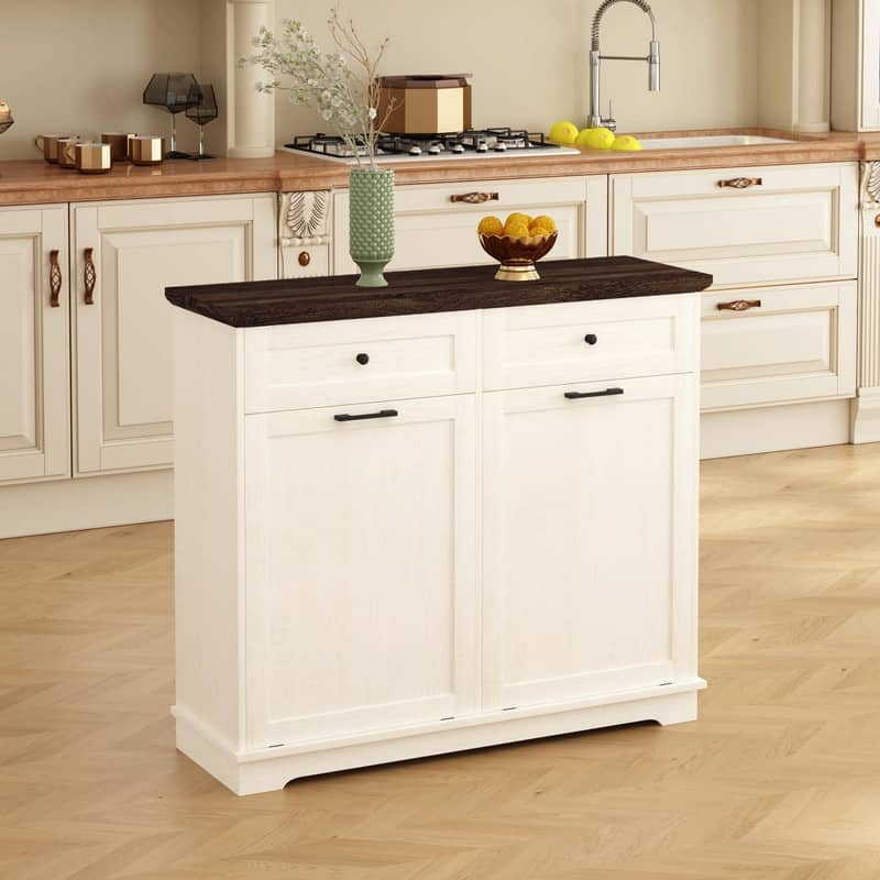 20 Gallon Double Tilt-Out Trash Can Cabinet, Freestanding Wooden Garbage & Recycling Bin with Hideaway Drawer