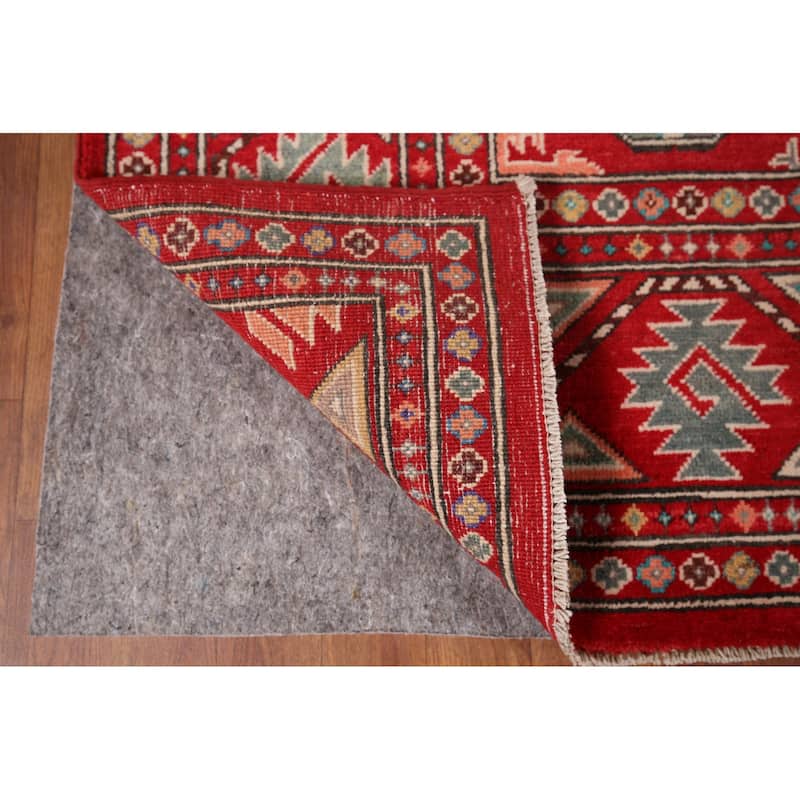 All-Over Red Geometric Kazak Area Rug Handmade Wool Carpet - 6'5" x 9'9"