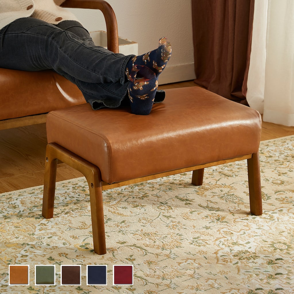 Glitzhome 24.5"W Leatherette Accent Stool With Walnut Rubberwood Legs