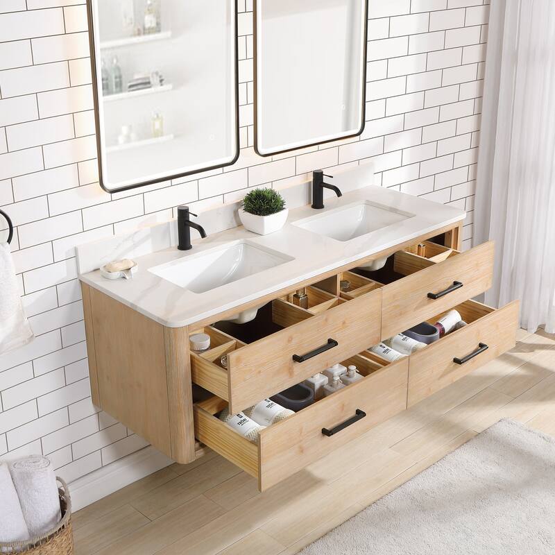 Cristo Floating Bath Vanity with White Quartz Stone Top and Mirror