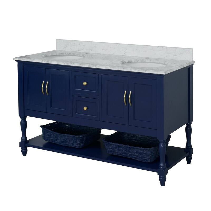 KitchenBathCollection Beverly 60" Double Bathroom Vanity with Carrara Marble Top