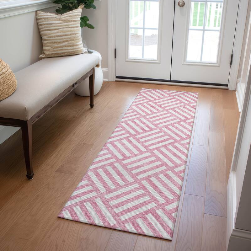 Machine Washable Indoor/ Outdoor Chantille Geo Modern Rug - Pink - 2'3" x 7'6"