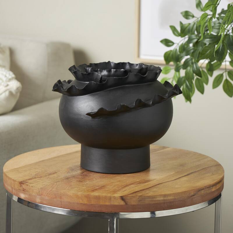 White or Black Ceramic Wide Rounded Floral Inspired Abstract Decorative Vase with Layered Petals - Black