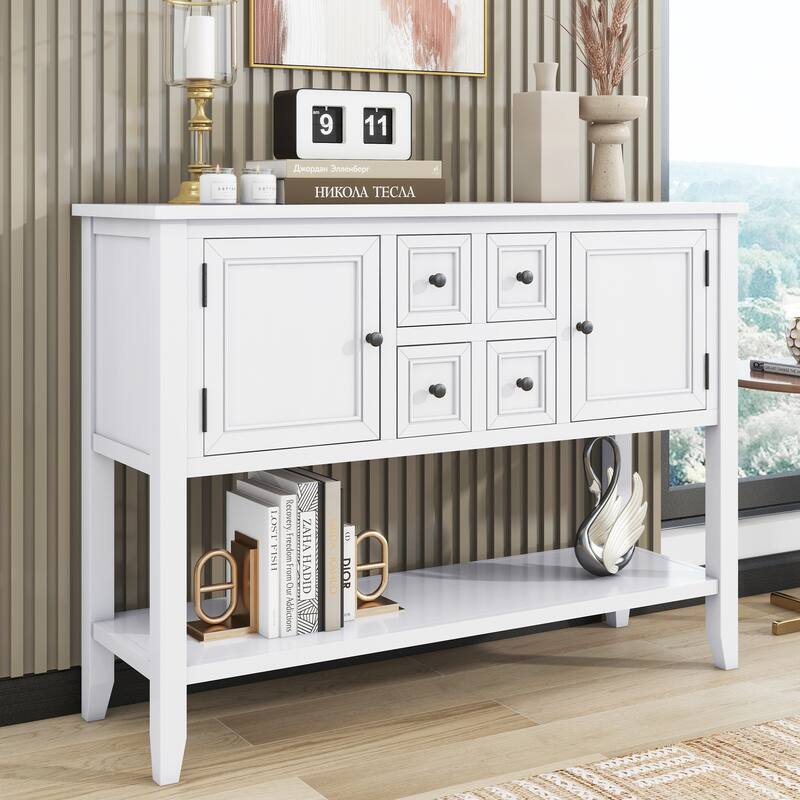 Cambridge Series Ample Storage Vintage Console Table with Four Small Drawers and Bottom Shelf for Living Rooms - White
