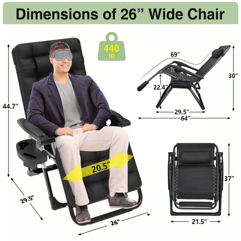 Outdoor Patio Folding Zero Gravity Lounge Chair, 26Inch Wide Recliner Lounge Chair with Removable Cushion