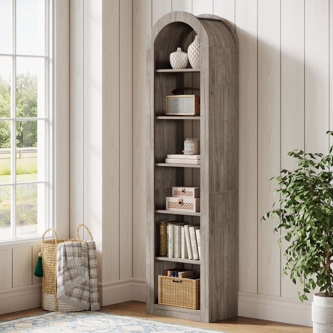 74.8-Inch Arched Tall Bookshelf, 6-Tier Rustic Wooden Bookcase