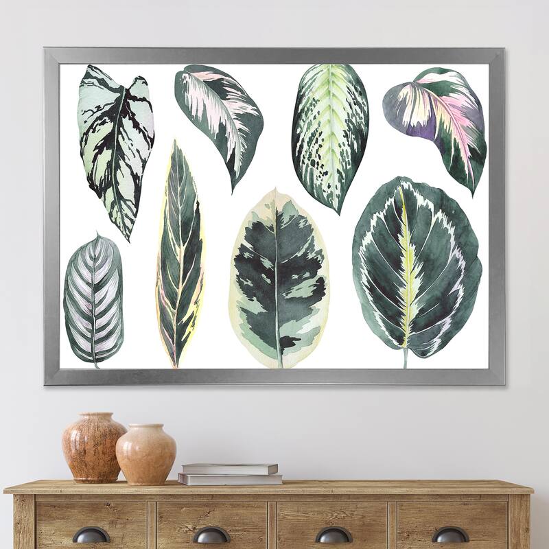Designart "Tropical Calathea Leaves" Bohemian & Eclectic Framed Art Print - 32 In. Wide x 24 In. High - Silver