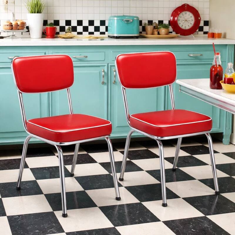 Dining Side Chair Set of 2, Retro Red Faux Leather, Chrome Metal Legs