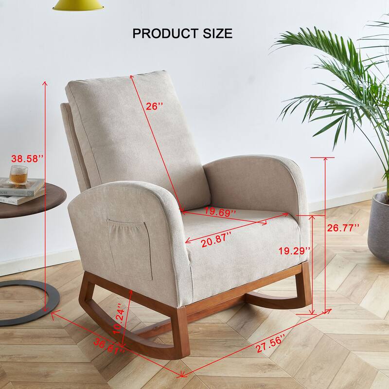 Glider Rocking Chair with Thick Padded Seat, Lounge Armchair with Side Pocket, High Back Sofa Chair with Wood Base