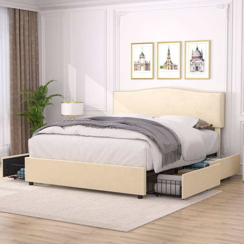 VECELO Upholstered Bed Frame with 4 Storage Drawers Full Queen Heavy Duty Platform with Adjustable Linen Headboard