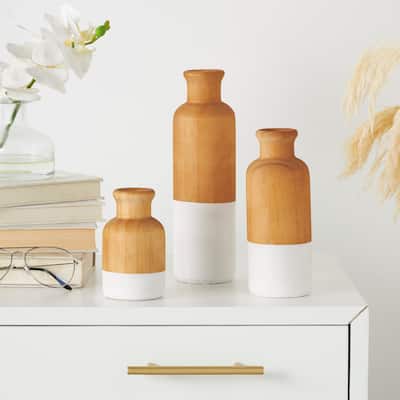 Brown Wood Colorblock Vase with White or Black Bases (Set of 3)