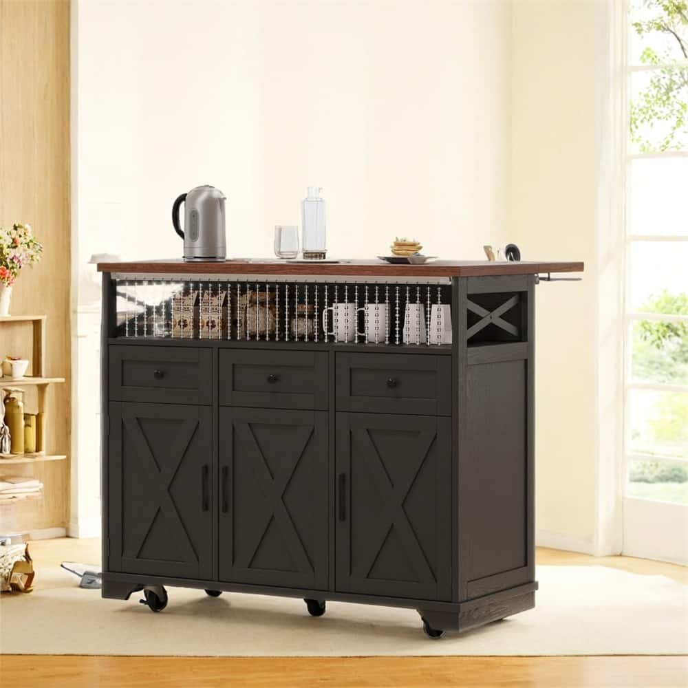 46.5'' Kitchen Island w/Drape of Beads,Rolling Kitchen Cart on Wheels