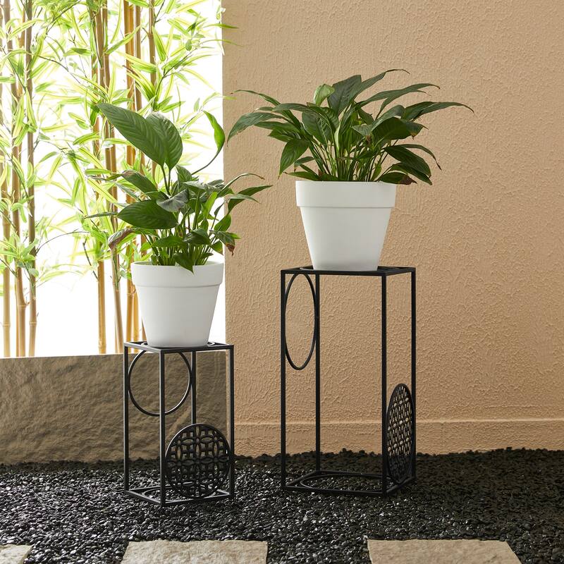 Glitzhome Set of 2 Black Metal Wire Rectangular Nesting Planter Stand Side Table