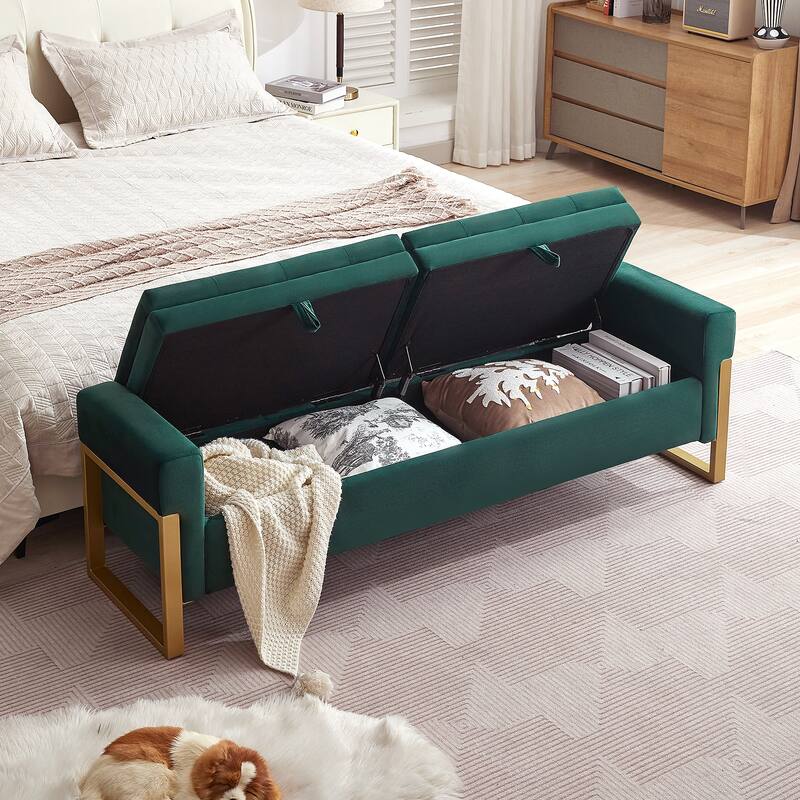 66" Storage Bench King Size End of Bed with Double Lids and Gold Legs