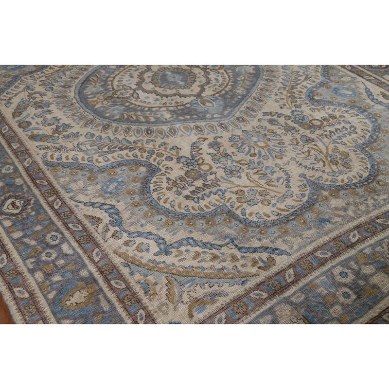 Tabriz Persian Area Rug Hand-Knotted Floral Beige Wool Carpet - 8'2"x 11'0"