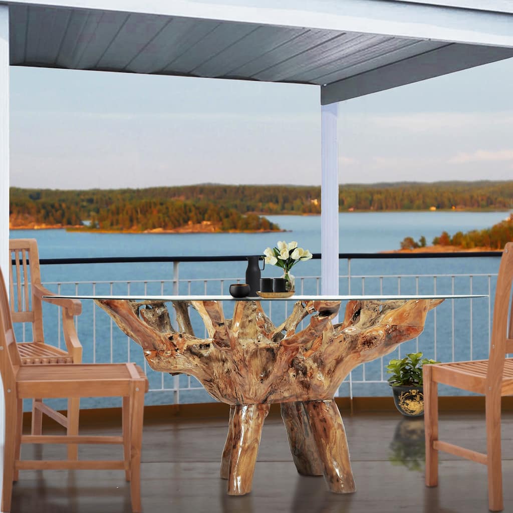 Chic Teak Rustic Teak Wood Root Dining Table Including a 63 Inch Round Glass Top
