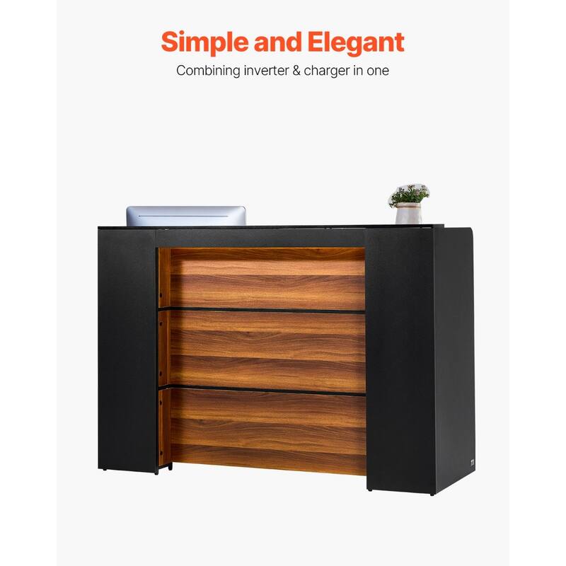 Black and Brown MDF Reception Desk with LED Lights, Spacious Waterproof Laminate Top