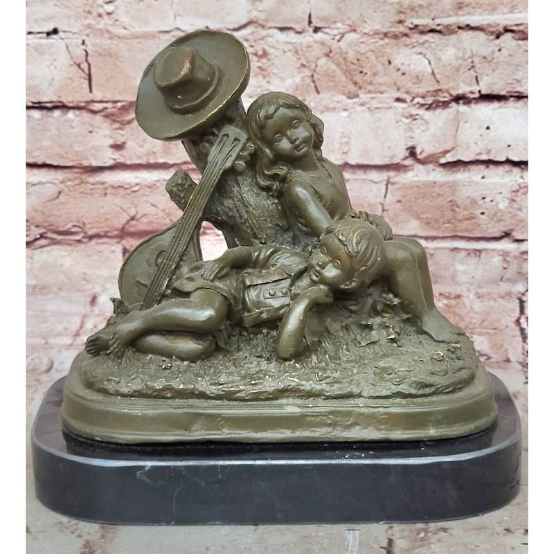Bronze Children Resting Sculpture – Boy And Girl Figurine With Guitar And Hat