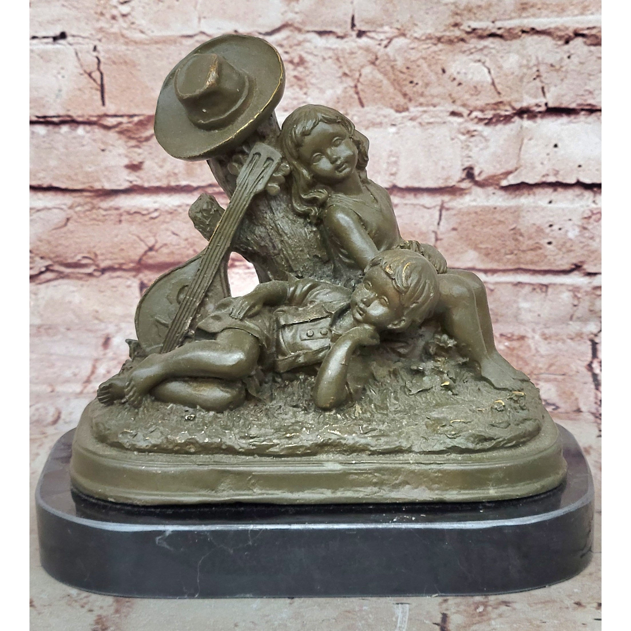 Bronze Children Resting Sculpture – Boy And Girl Figurine With Guitar And Hat