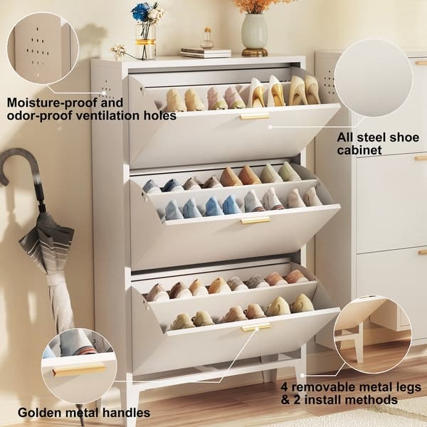 Shoe Cabinet with Metal Legs, Free Standing Shoe Storage Shelve with 2 Flip  Drawers, Storage Shelf and Storage Drawer, Modern Shoe Rack Storage
