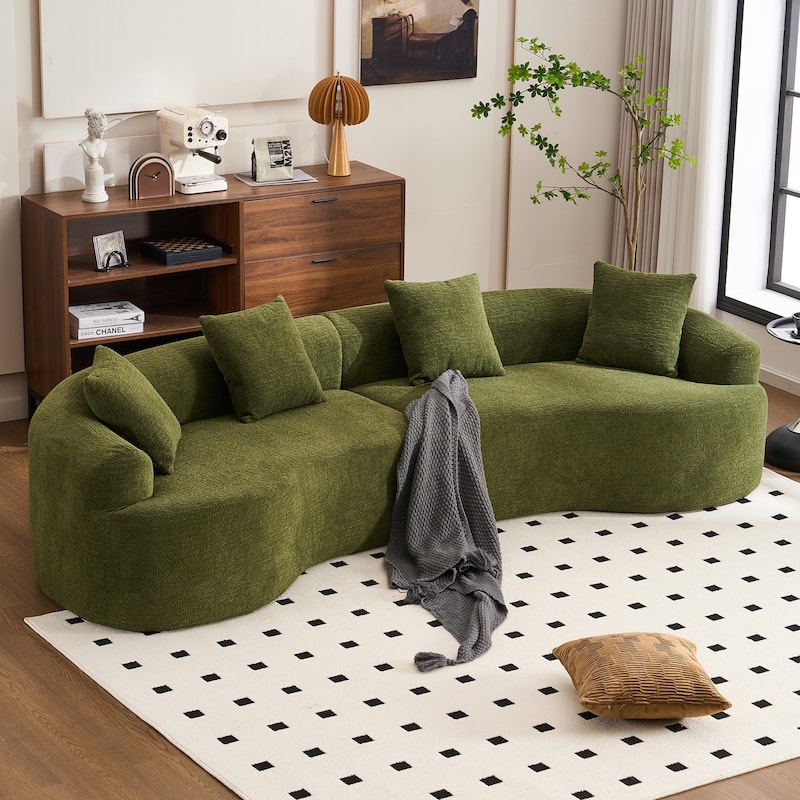 Full Compression Sponge Chenille Curved Sleeper Sofa Couch with 4 Pillows - Green