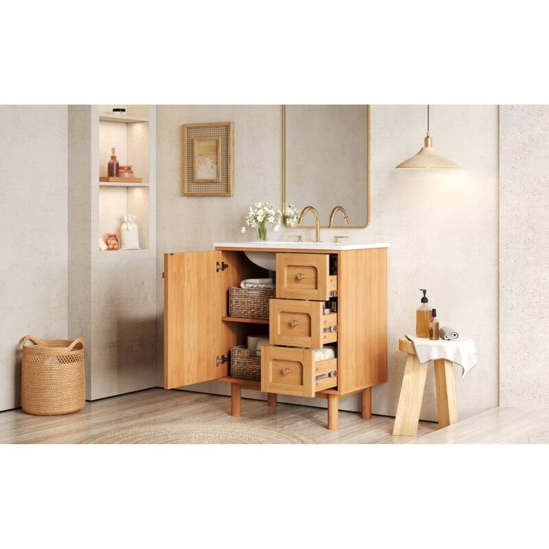 Roomfitters 30 Inch Bathroom Vanity with Ceramic Sink, Farmhouse Storage Cabinet with 3 Sliding Bins & Soft Close Door, Natural