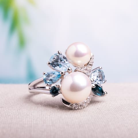 6-8 MM Cultured FW Pearl and Multi-Gemstone Cocktail Ring in Sterling Silver by Miadora