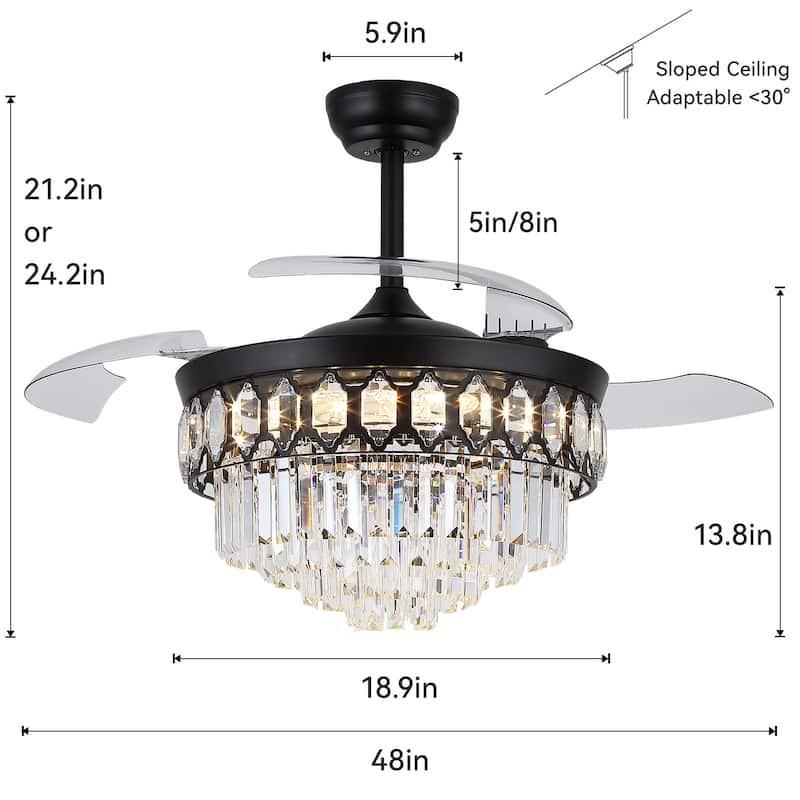 48" Crystal Fandelier Ceiling Fan with Light and Retractable Blades LED Dimmable for Bedroom Living Room - 48 Inches