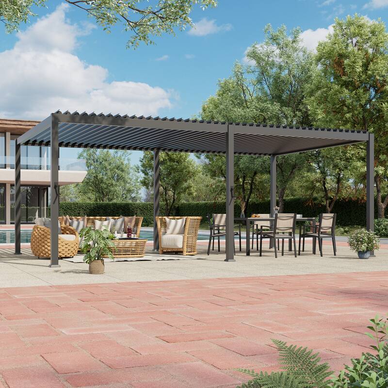 Patio Louvered Pergola with Adjustable Roof, Aluminum Steel Pergola - 12' x 20' - Grey