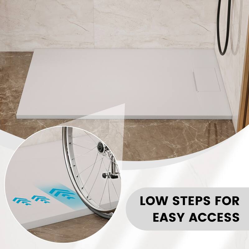 SMC Alcove Shower Pan Base with Reversible Drain, Low Profile, Wheelchair Access, Slip-Resistant, cUPC Certified