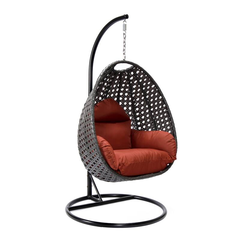 LeisureMod Charcoal Single Seater Rattan Wicker Egg Swing Hanging Chair for Indoor Outdoor Patio Porch Backyard Garden - Cherry