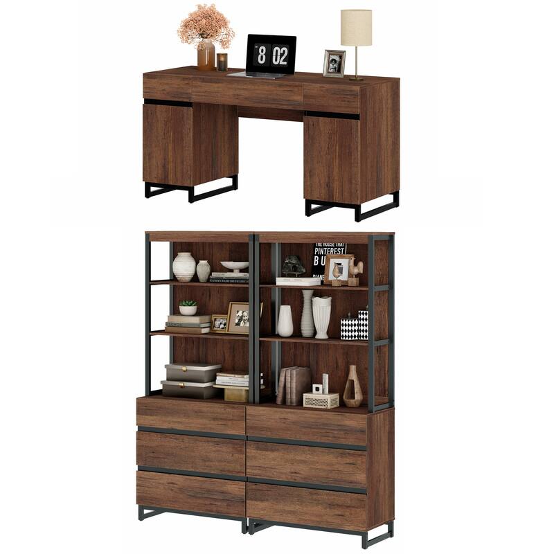 WAMPAT 59" Executive Desk with Charging Station & Storage Cabinet + 72" Tall Bookcase with 6 Drawers.
