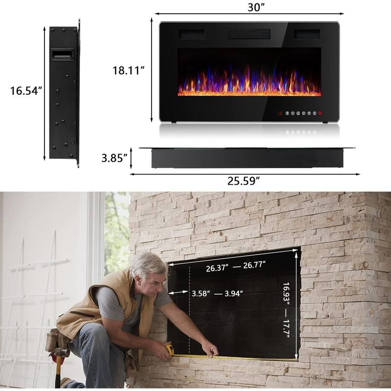 Bossin 30 to 72 inch Electric Fireplace Ultra-Thin and Silence Linear Recessed Wall Mounted Fireplace with Remote Control