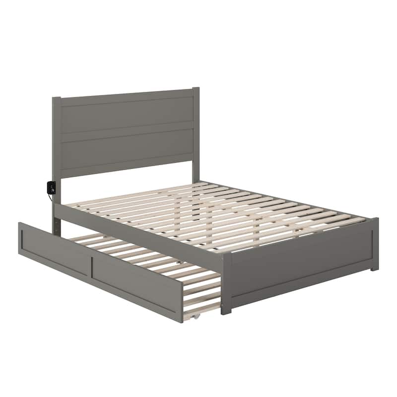 Twin Trundle Bed with Footboard - Grey Platform Bed Frame, Modern Style, Space Saving Design