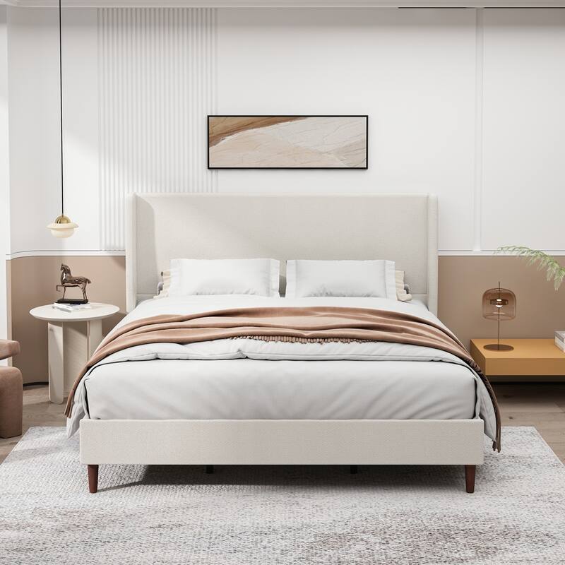 Upholstered Platform Bed Frame Bedroom Platform Bed - Beige-Chenille - King